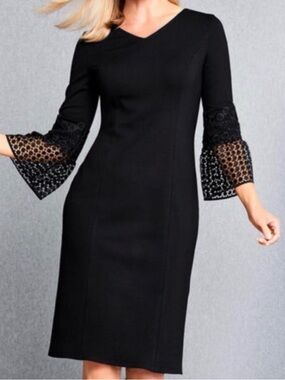 Talbots Crochet Sleeve Sheath V-Neck LBD Little Black Dress 4P 4 Petite